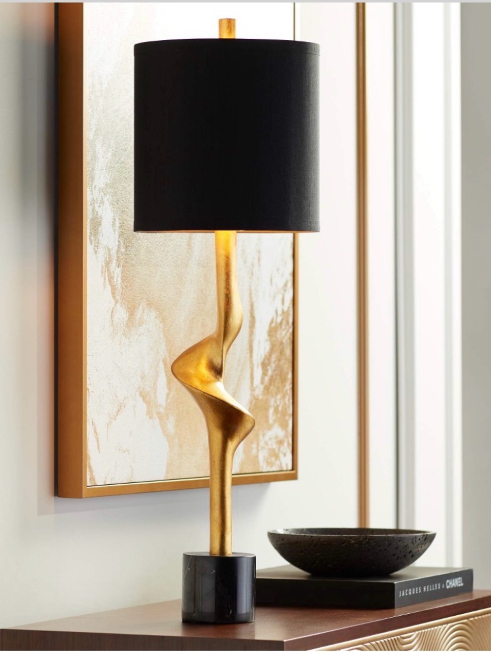 Sculptural Gold Table Lamp with Black Drum Shade